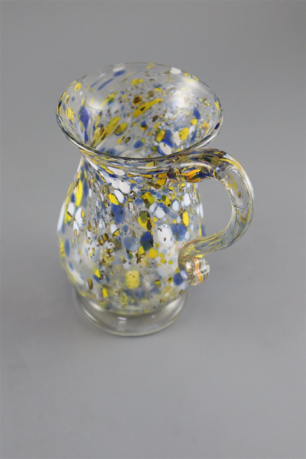 A George III yellow, blue and white marvered glass jug. c.1800, 17.5cm high